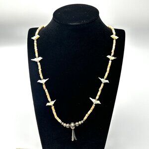 Zuni MOP Bird Fetish Heishi Necklace — Silver Squash Blossom Pendant— EUC